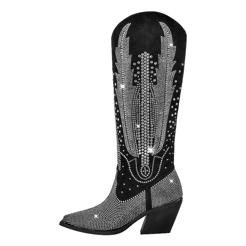 Rhinestone Zipper Black Western Boots